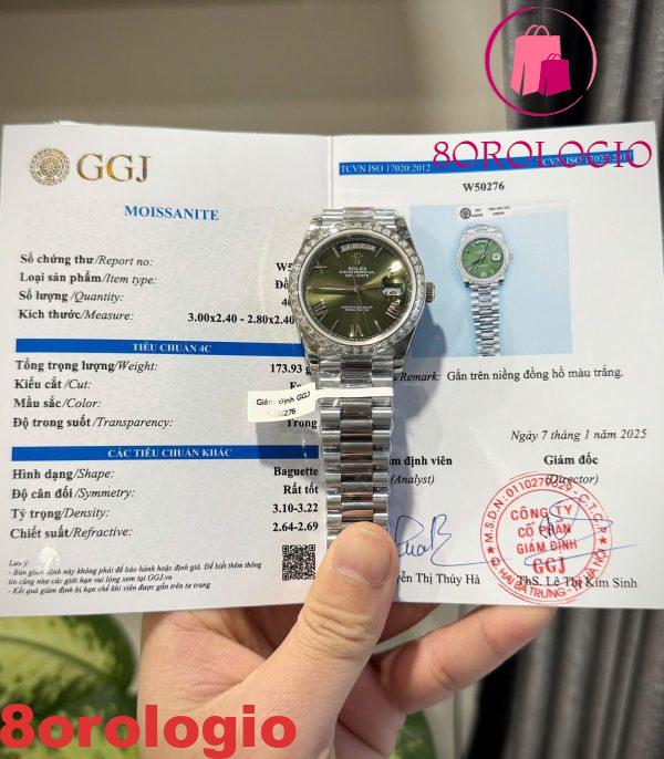 Rolex Day-Date 228239 Quadrante Verde Romano Custom Lunetta Baguette Moissanite GMF V3 Migliore Replica 40mm Orologio - immagine 2