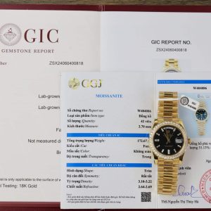 Replica Rolex Day-Date 228348RBR Oro Giallo 18K Quadrante Nero con Diamanti Ghiera in Moissanite GMF V3 Super Clone 40mm Orologio