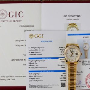 Rolex Day-Date 228348RBR-0046 Quadrante con Indici a Baguette in Moissanite MOP Oro Giallo 18K Replica 1:1 Lunetta in Moissanite GMF V3 40mm。 Orologio