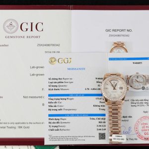Replica migliore Rolex Day-Date 40 Meteorite Baguette Moissanite Quadrante in oro rosa 18 carati con lunetta in Moissanite GMF V3 40mm Orologio