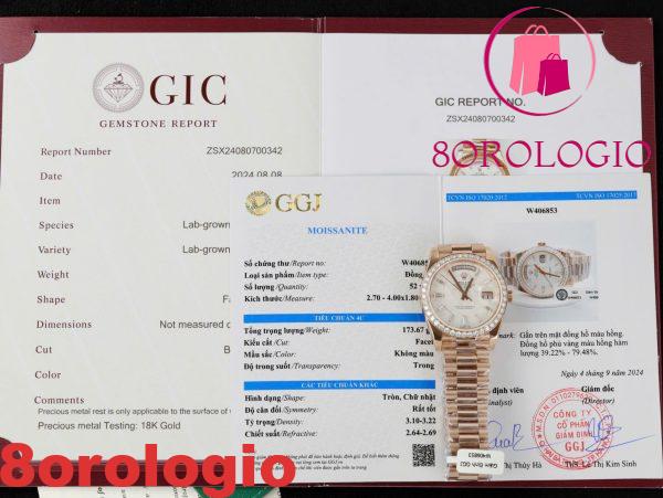 Replica migliore Rolex Day-Date 40 Meteorite Baguette Moissanite Quadrante in oro rosa 18 carati con lunetta in Moissanite GMF V3 40mm Orologio