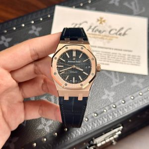 Audemars Piguet Royal Oak 15450OR Oro Rosa Quadrante Nero Cinturino in Pelle Replica IP 37mm Orologio