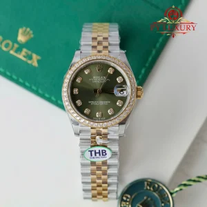Replica migliore Rolex Datejust 278383RBR due toni oro giallo quadrante verde oliva lunetta con diamanti bracciale Jubilee THB 31mm Orologio