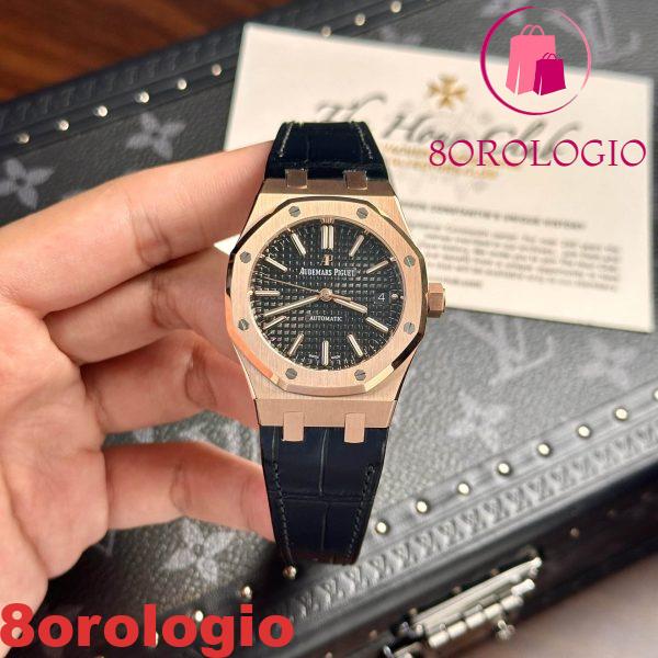 Audemars Piguet Royal Oak 15450OR Oro Rosa Quadrante Nero Cinturino in Pelle Replica IP 37mm Orologio