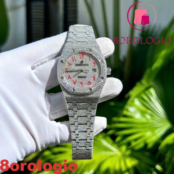 Audemars Piguet Royal Oak Replica Numeri Arabi Rossi Iced Out Moissanite Super Clone 41mm Orologio - immagine 4