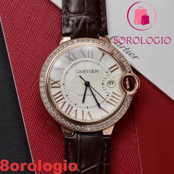 Cartier Ballon Bleu Oro Rosa Quadrante Bianco Ghiera di Diamanti Pelle Replica 42mm Orologio - immagine 5