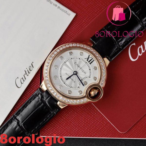 Cartier Ballon Bleu Oro Rosa Quadrante Bianco con Diamanti Ghiera con Diamanti Pelle Replica 36mm Orologio - immagine 3