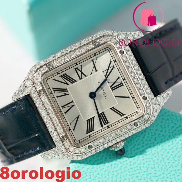 Cartier Santos Dumont Acciaio Quadrante Argento Cassa Personalizzata in Moissanite Cinturino in Pelle Replica BVF 38mm X 27.5mm Orologio - immagine 3