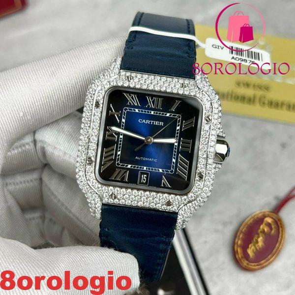 Cartier Santos Modello Grande Quadrante Blu Cassa Replica Moissanite Cinturino in Pelle 39.8mm Orologio - immagine 5