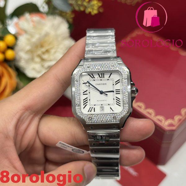 Cartier Santos Modello Grande Quadrante Bianco Customizzato con Ghiera in Moissanite Migliore Replica BVF 39.8mm Orologio - immagine 4