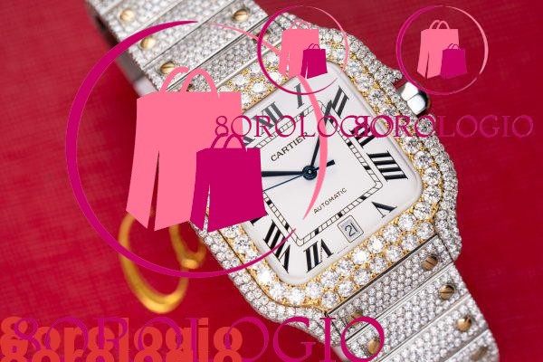 Cartier Santos Quadrante Bianco Bicolore Modello Grande replica con Moissanite Iced Out 39,8mm Orologio - immagine 3