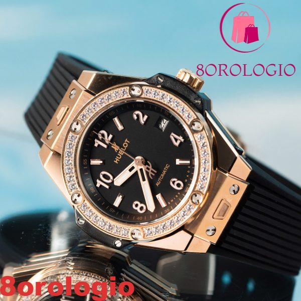 Replica Hublot Big Bang One Click King Gold Cassa 39mm Quadrante Nero Lunetta con Pietre CZ Orologio - immagine 6