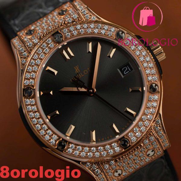 Replica Orologio da Donna Hublot Classic Fusion King Gold Pavé Pietre CZ Quadrante Grigio Cinturino in Pelle 33mm Orologio - immagine 5