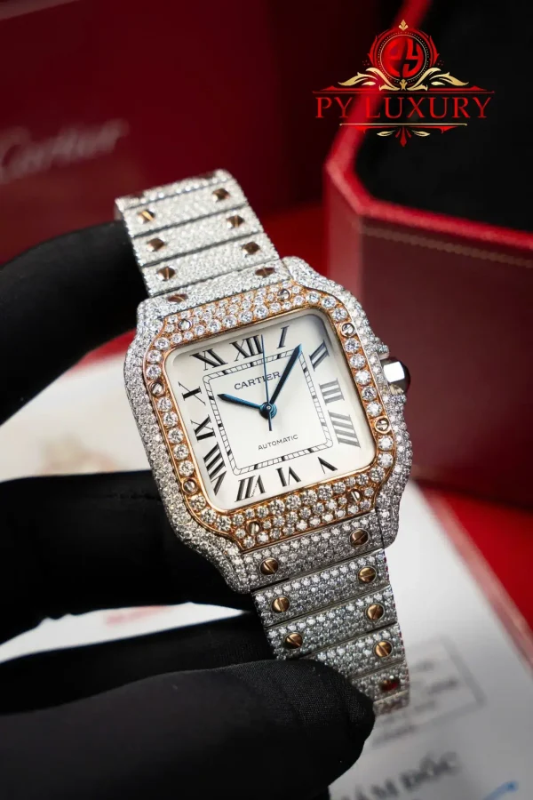 Cartier Santos Modello Medio Due Toni Oro Rosa Iced Out Moissanite 1:1 Migliore Replica 35.1mm Orologio - immagine 3