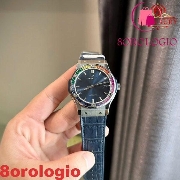 Hublot Classic Fusion Titanium Blue Cinturino in Pelle con Ghiera Personalizzata in Rubino e Zaffiro Migliore Replica 42mm Orologio - immagine 3