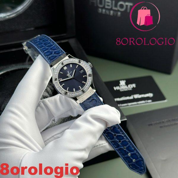 Hublot Classic Fusion Titanio Quadrante Blu CZ Pietre Ghiera Cinturino in Pelle Donna Replica 33mm Orologio - immagine 4