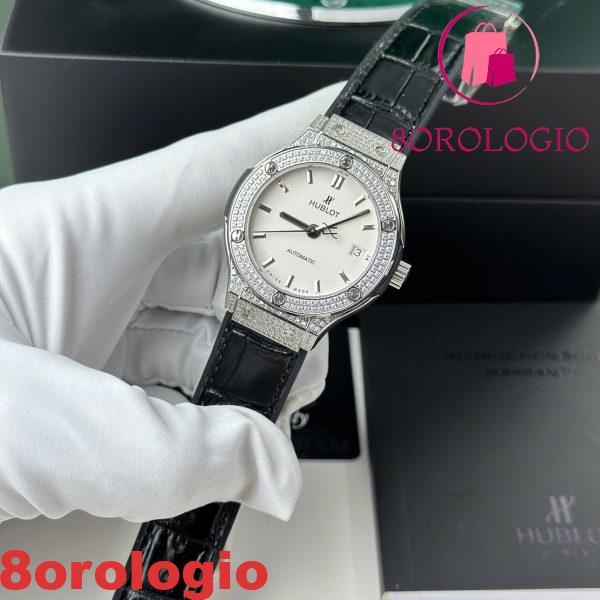 Replica Hublot Classic Fusion Titanium Diamanti Pavé Quadrante Bianco Cinturino in Pelle Nera 38mm Orologio - immagine 3