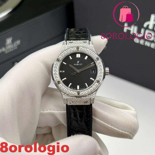 Hublot Classic Fusion Titanium Pavé Quadrante Nero Custom Moissanite Cinturino in Pelle Migliore Replica 33mm Orologio - immagine 3