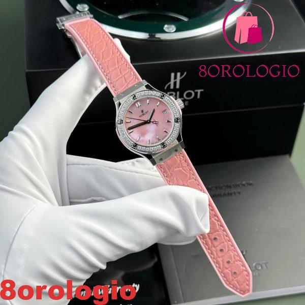 Hublot Classic Fusion Titanium Quadrante in Madreperla Rosa CZ Pietre Ghiera Cinturino in Pelle Donna Replica 33mm Orologio - immagine 3