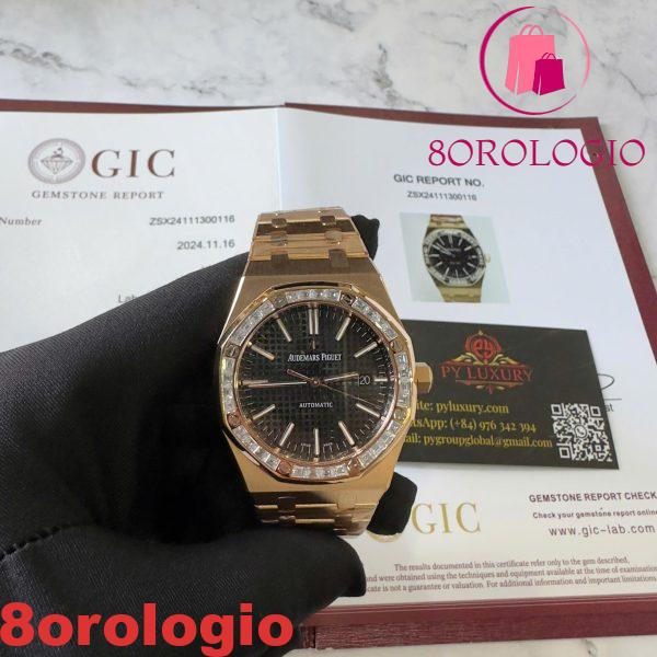 Replica Audemars Piguet Royal Oak 15400OR Quadrante Nero Personalizzato Baguette Moissanite Lunetta Placcato Oro 18K 1:1 Migliore Replica 41mm Orologio - immagine 9