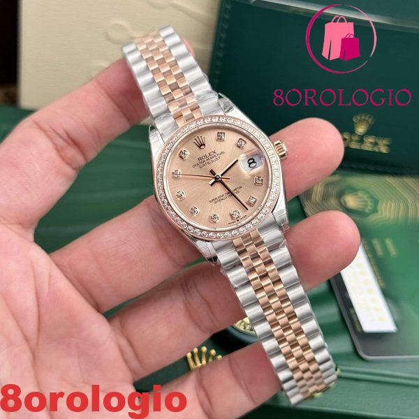Replica Rolex Datejust 31mm Quadrante Rosa Lunetta con Pietre Cinturino Jubilee Orologio - immagine 3