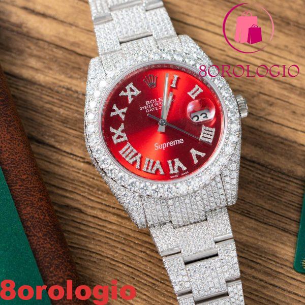 Replica Rolex Datejust Quadrante Romano Rosso Iced Out Moissanite Migliore 41mm Orologio - immagine 7