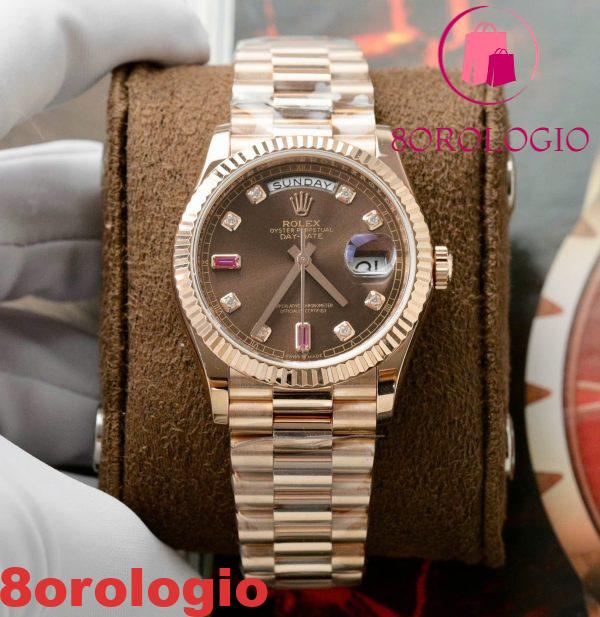 Replica 1:1 Rolex Day-Date 118235 Quadrante in Cioccolato con Diamanti e Rubini Oro Rosa 18K GMF 36mm Orologio - immagine 4