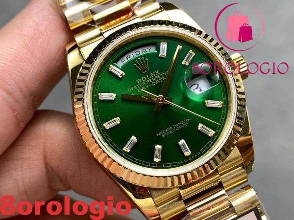 Replica Rolex Day-Date 128238-0130 Oro Giallo Quadrante Verde Brillante con Diamanti 158g Super Clone QF 36mm Orologio - immagine 4