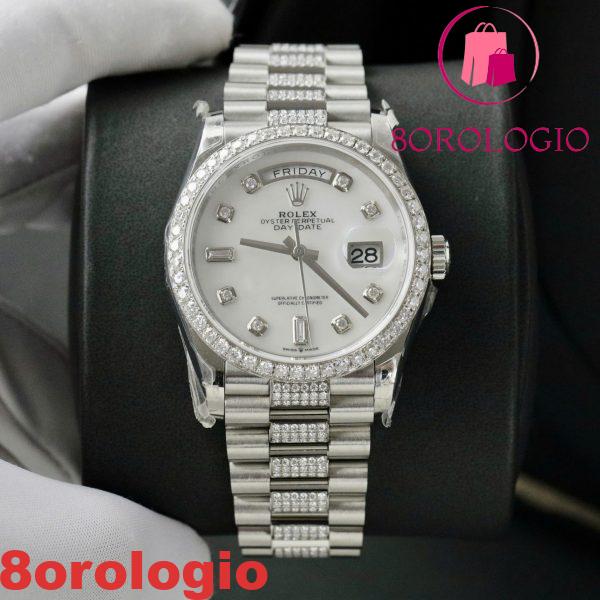 Rolex Day-Date 128349RBR Quadrante MOP Custom Ghiera e Bracciale in Moissanite Migliore Replica 36mm Orologio - immagine 6