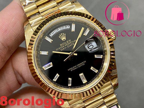 Rolex Day-Date 228238-0004 Oro Giallo Quadrante Nero Brillante con Diamanti 184g Migliore Replica 40mm Orologio - immagine 4