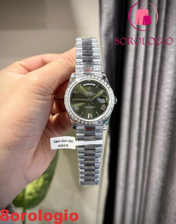 Rolex Day-Date 228239 Quadrante Verde Romano Custom Lunetta Baguette Moissanite GMF V3 Migliore Replica 40mm Orologio - immagine 3