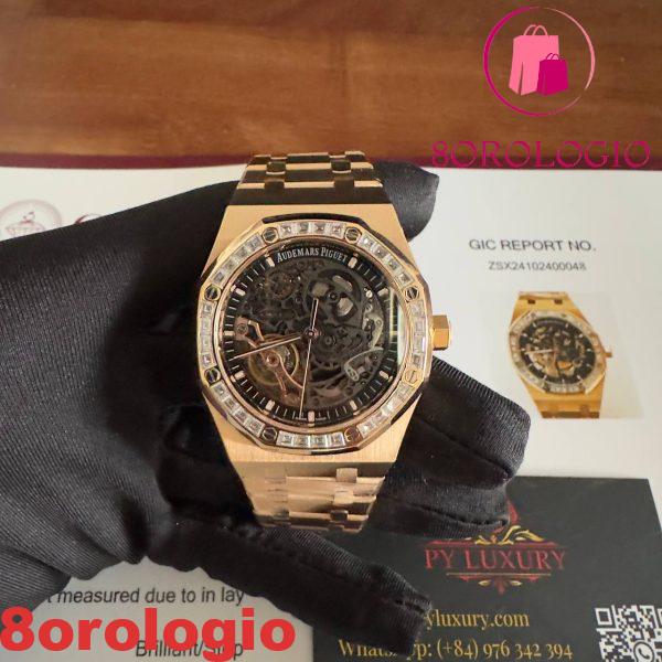 Audemars Piguet Royal Oak 15412OR Open Work Skeleton 18K Rose Gold con Baguette Moissanite Bezel Clone 1:1 Miglior Replica 41mm Orologio - immagine 6