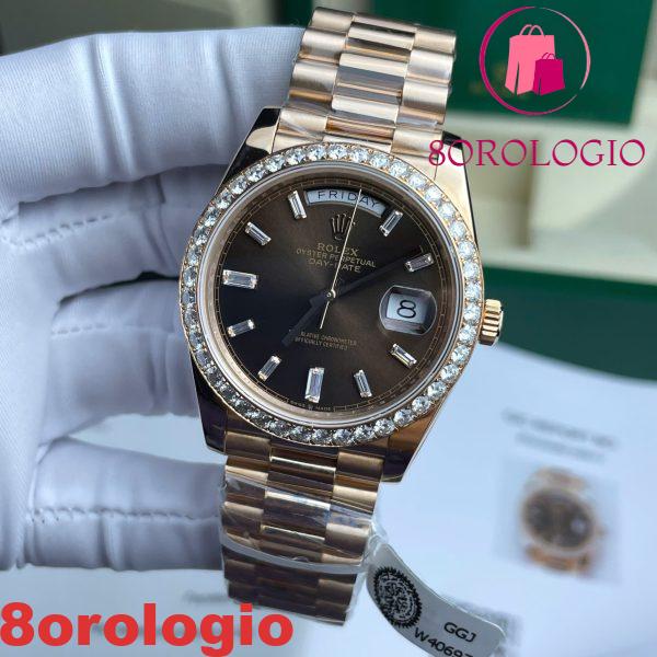 Rolex Day-Date 228345RBR Quadrante Cioccolato Baguette Oro 18K Placcato Replica Lunetta Moissanite 174g GMF V3 40mm Orologio - immagine 3