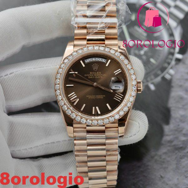 Rolex Day-Date 228345RBR-0009 Quadrante con Numeri Romani in Cioccolato Placcato in Oro 18k Replica GMF V3 40mm con Ghiera in Moissanite Orologio - immagine 4