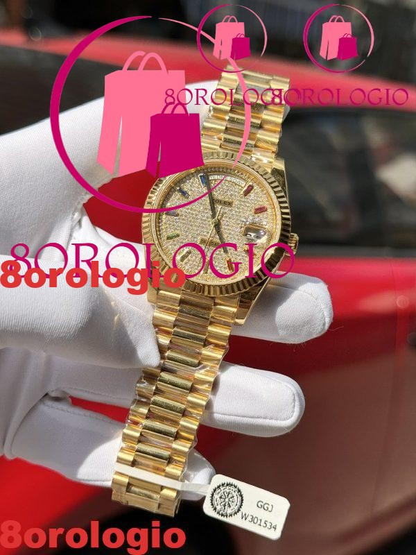 Rolex Day-Date 40 Oro Giallo 18k Rivestito Quadrante Pavé di Diamanti Arcobaleno Replica GMF V3 Super Clone 40mm Orologio - immagine 3