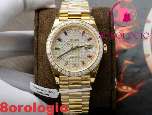 Rolex Day-Date 40 Quadrante Arcobaleno Rivestito di Diamanti Oro Giallo 18K con Ghiera in Moissanite Taglio Baguette Migliore Replica 40mm Orologio - immagine 4