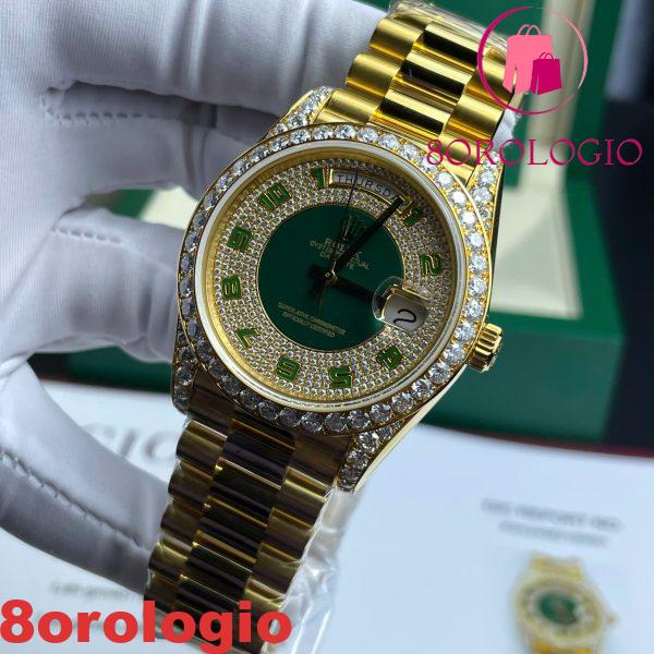Replica del Rolex Day-Date 40 Quadrante Verde Tempestato di Diamanti Arabi Placcato Oro 18K Quadrante Personalizzato in Moissanite & Dial Miglior Replica 40mm Orologio - immagine 4