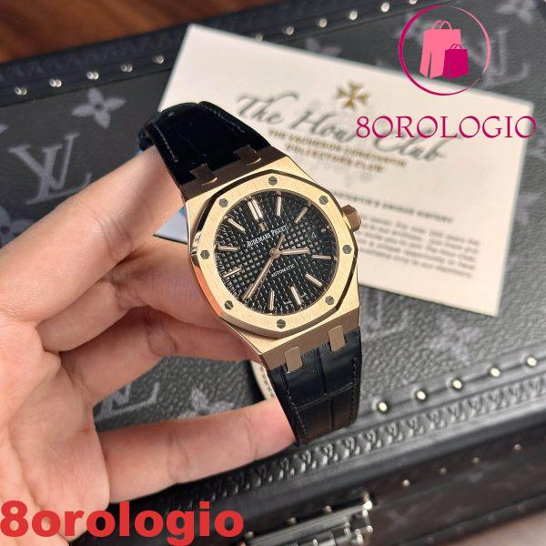 Audemars Piguet Royal Oak 15450OR Oro Rosa Quadrante Nero Cinturino in Pelle Replica IP 37mm Orologio - immagine 5
