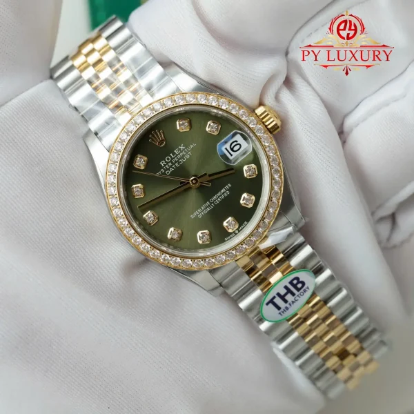 Replica migliore Rolex Datejust 278383RBR due toni oro giallo quadrante verde oliva lunetta con diamanti bracciale Jubilee THB 31mm Orologio - immagine 5