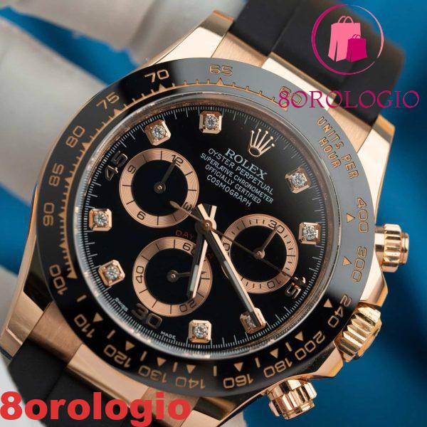 Rolex Daytona 116515LN in oro rosa massiccio 18K con quadrante nero con diamanti cinturino in gomma Oysterflex 40mm replica Orologio - immagine 8