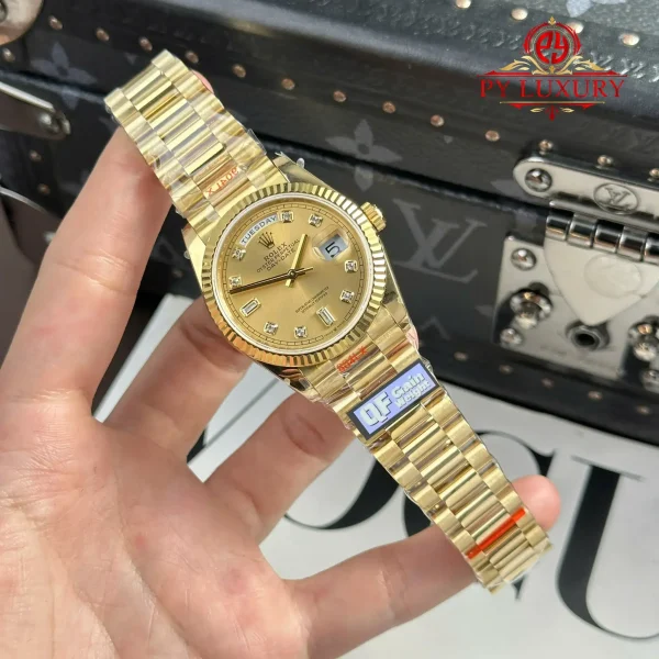 Rolex Day-Date 128238-0008 Oro Giallo Quadrante Color Champagne con Diamanti 1:1 Migliore Replica QF 36mm Orologio - immagine 8