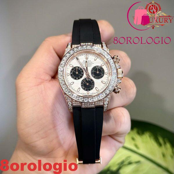 Rolex Daytona Quadrante Meteorite Placcato Oro 18K Custom Baguette Moissanite Cinturino in Gomma 40mm Replica Orologio - immagine 4