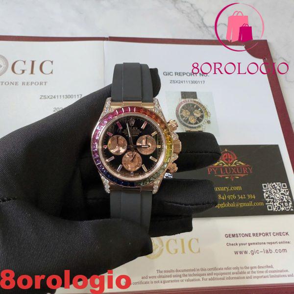 Rolex Daytona Rainbow 18K Oro Rosa Replica Custom Moissanite & Zaffiro Sintetico Cinturino in Gomma Super Clone 40mm Orologio - immagine 10