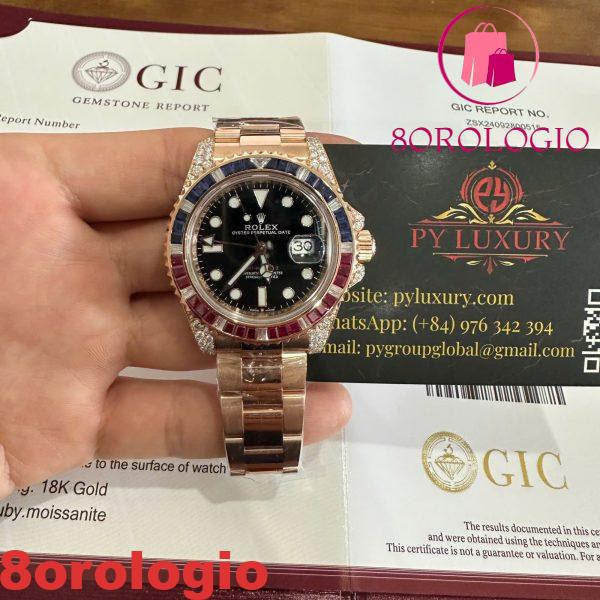 Rolex GMT-Master II 126755SARU Replica in Oro 18K con Moissanite Personalizzato e Ghiera in Rubino Sintetico e Zaffiro 40mm Orologio - immagine 7
