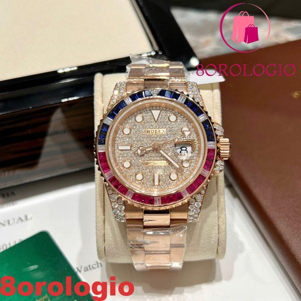 Rolex GMT-Master II 126755SARU Placcato in Oro 18K Quadrante Pavé in Moissanite Lunetta in Rubini e Zaffiri 40mm Replica Orologio - immagine 3