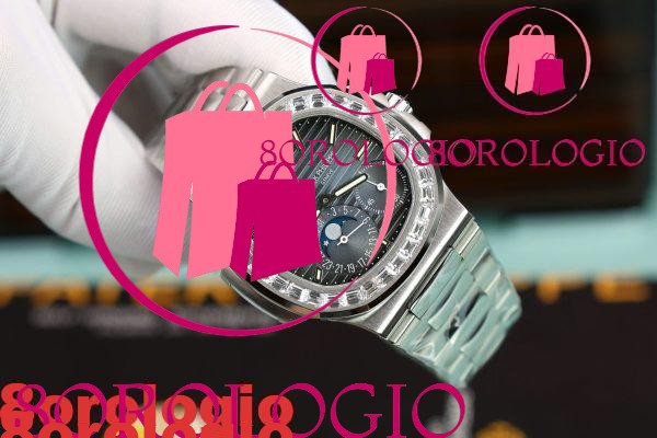 Patek Philippe Nautilus 5712 Quadrante Blu Bracciale con Ghiera di Pietre Baguette Funzioni Complete Miglior Replica PPF 40mm Orologio - immagine 4