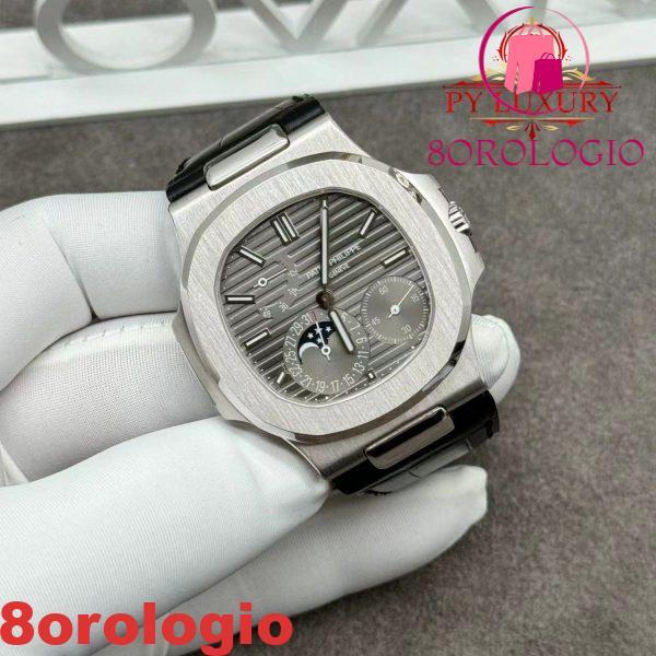 Patek Philippe Nautilus 5712G-001 Quadrante Grigio Replica 1:1 in Oro Bianco 18K Cinturino in Pelle di Coccodrillo 40mm Orologio - immagine 5