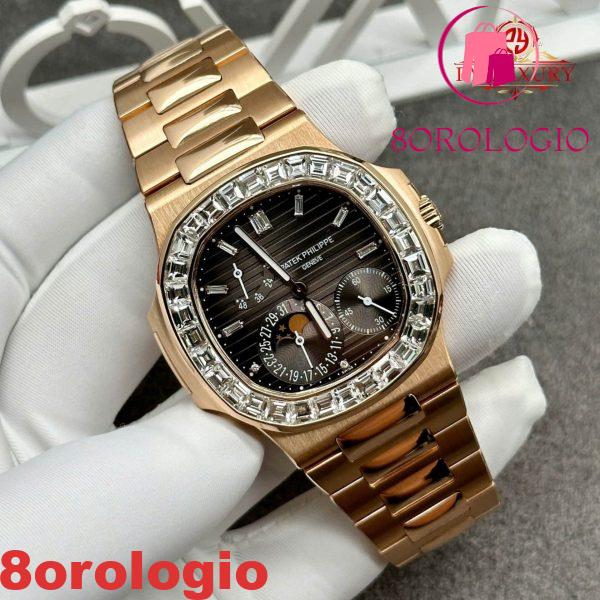 Patek Philippe Nautilus 5724 Quadrante Grigio Replica in Oro Massiccio 18K con Diamanti Baguette sulla Lunetta 40mm Orologio - immagine 8