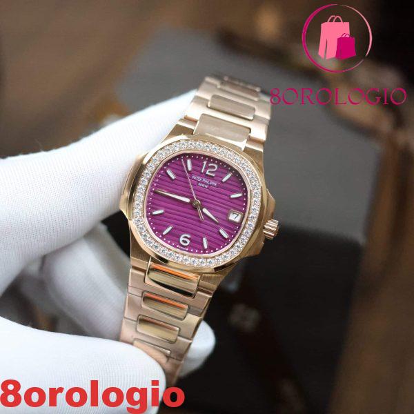 Patek Philippe Nautilus 7010/1R Oro Rosa Quadrante Viola Ghiera con Diamanti Replica GRF 32mm Orologio - immagine 3