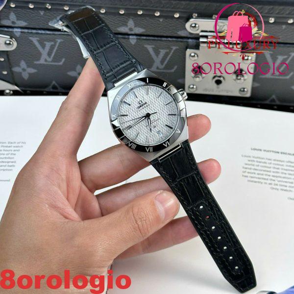 Omega Constellation Quadrante Grigio Rodio Lunetta in Ceramica Nera Cinturino in Pelle Replica VSF 41mm Orologio - immagine 5